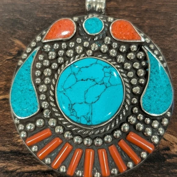 Turquoise and Coral Tibetan Silver Pendant - Picture 1 of 5